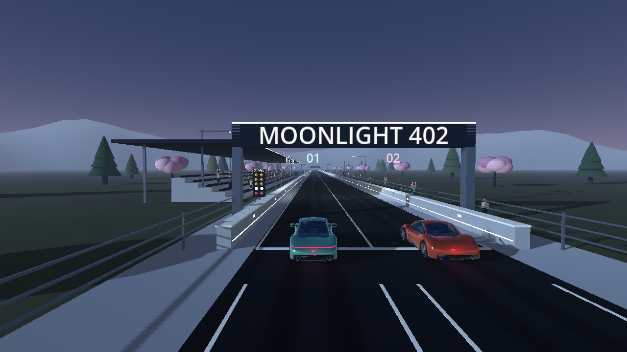 Actual Moonlight 402 game render with two drag lanes, original cars, barriers, grandstand and trackside spectators
