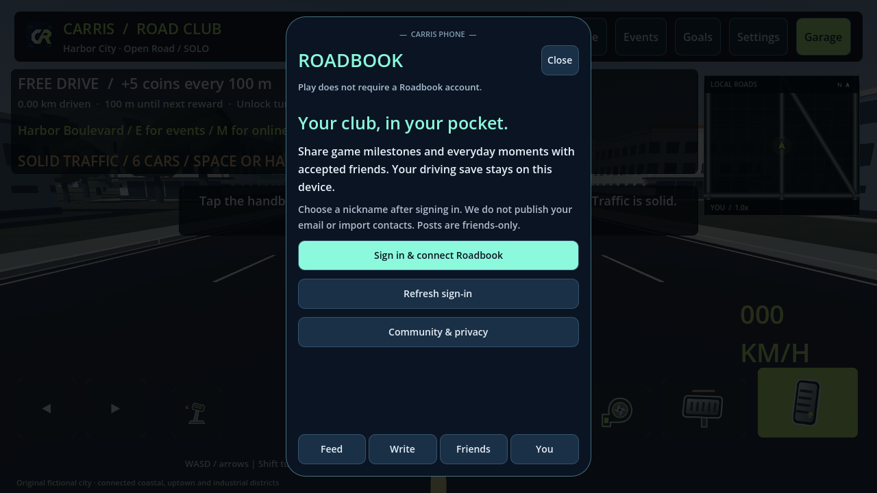 Original Roadbook phone sign-in screen; the social service remains optional and separate