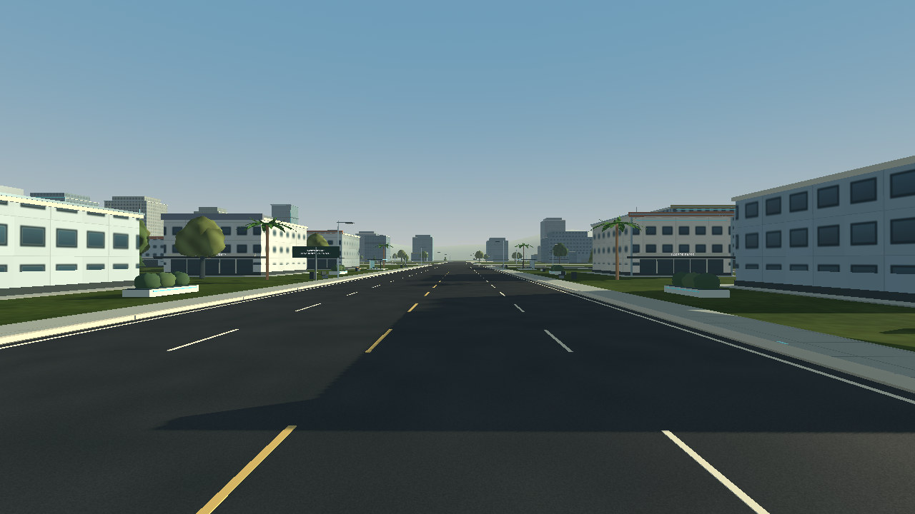 Actual Harbor City render showing the broad boulevard, roadside shops, pavement joints, greenery and material detail