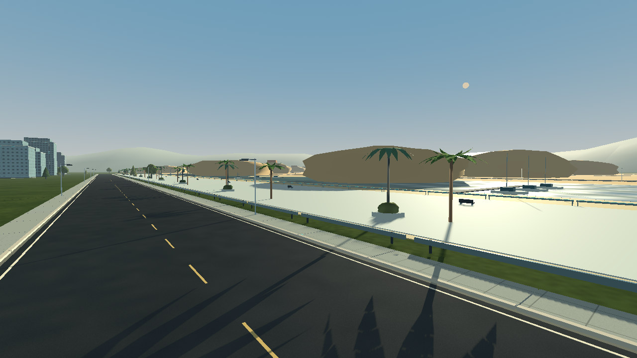 Actual Harbor coast render with a palm-lined promenade, benches, lamps, railings and coastal water