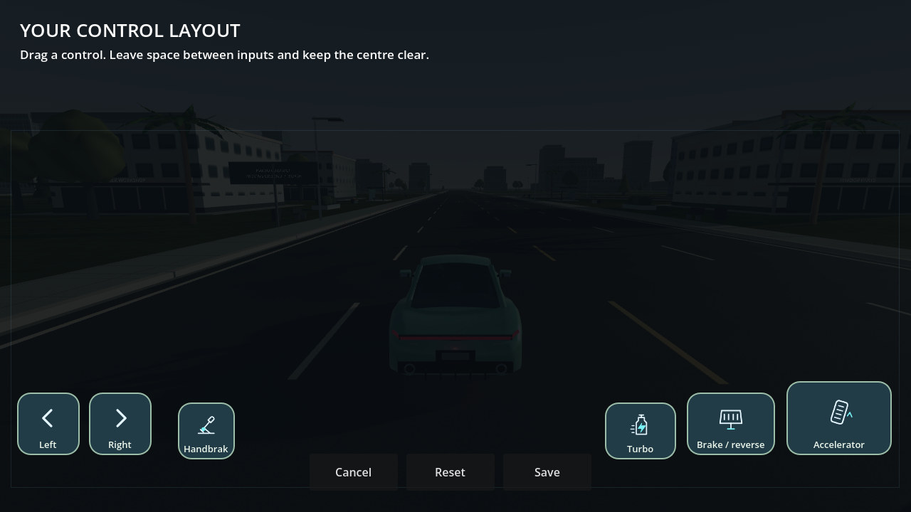 Actual CarRis control layout editor with draggable steering, accelerator, brake, handbrake and turbo targets plus Cancel, Reset and Save actions