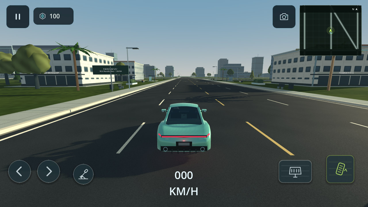 Actual Harbor City game capture: the Vela S1 on a broad boulevard with trees, shops and city skyline
