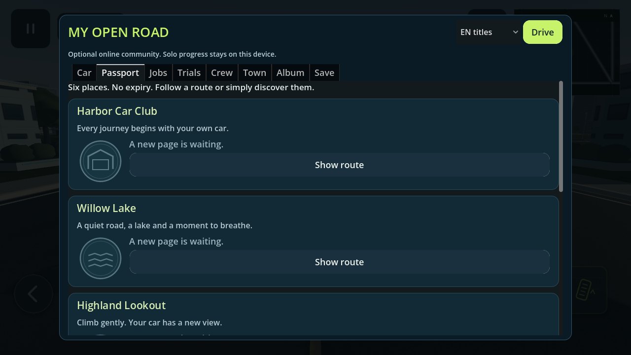 Actual CarRis Journey hub showing permanent destination stamps, road directions and optional jobs