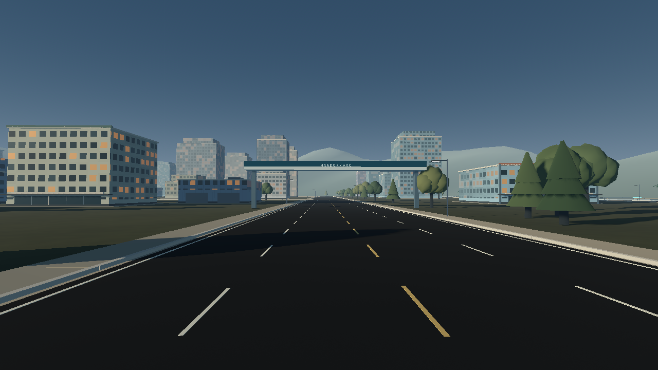 Actual Harbor Arc skybridge capture with taller city buildings and cool evening lighting