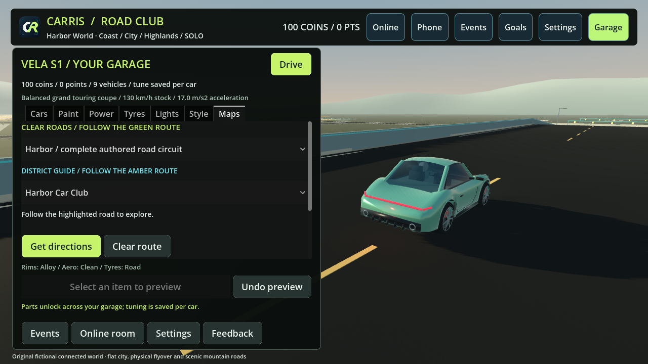 Actual in-game Garage Maps tab with district destination selector and Get directions button