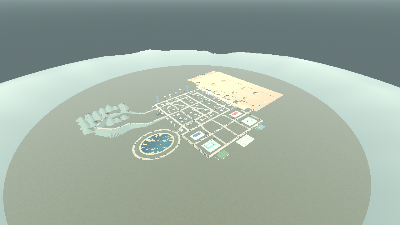 Actual aerial Harbor City capture showing the connected outer roads, city blocks and coastal district